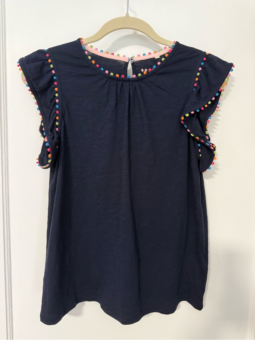 Boden Navy Blue Flutter Short Sleeve Top Tee Cotton Colorful Pom Trim EUC Size 4